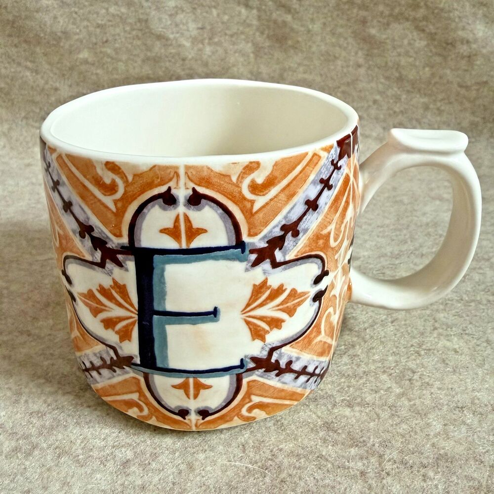 Anthropologie Mezze monogram E mug orange ceramic initial coffee cup 14oz